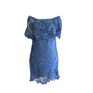Mimi Chica Dress Blue Lace Crochet Off Shoulder Short Sleeve Mini Dress Medium